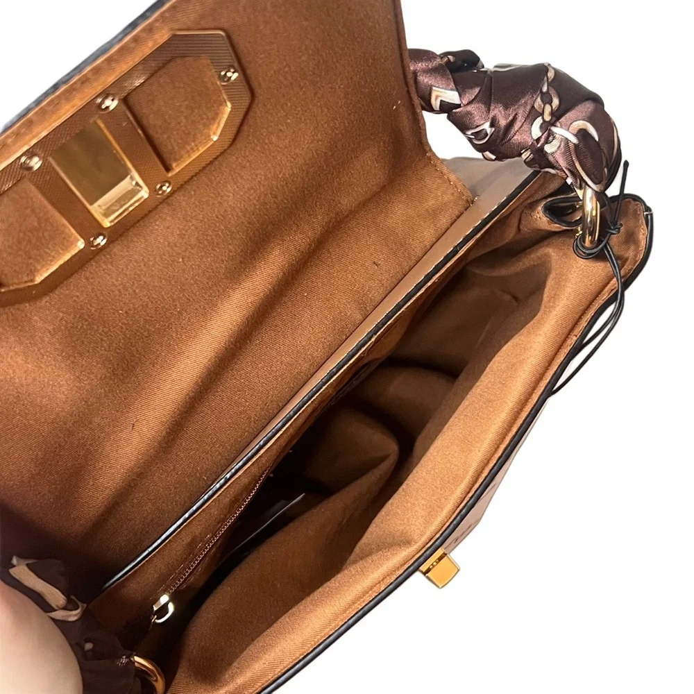 Nicole Miller Brown Tan Satchel Handbag Scarf Handle Gold Hardware NWT